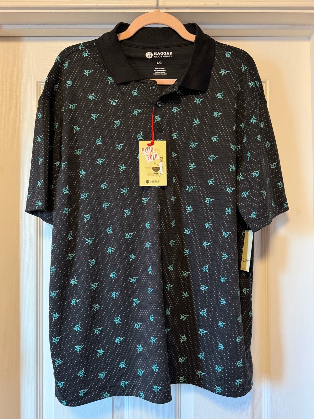 NWT Haggar Men’s Patio Polo - Black w/ Teal Polka Dot & Marlin Print - Size L